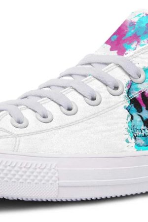 Watercolor Skull Art Low-Top Sneakers - White Artistic Footwear