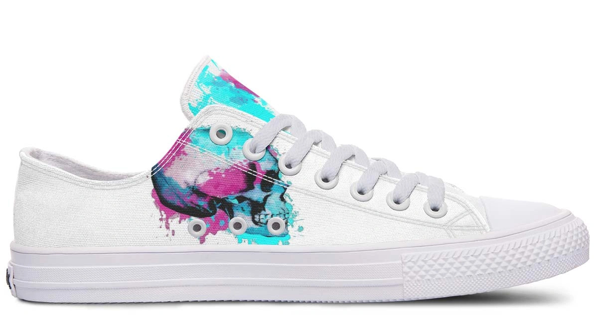 Watercolor Skull Art Low-Top Sneakers - White Artistic Footwear - Image 2