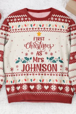 First Christmas As Mrs Newly Married Christmas Gift For Wife - Personalized Ugly Sweater