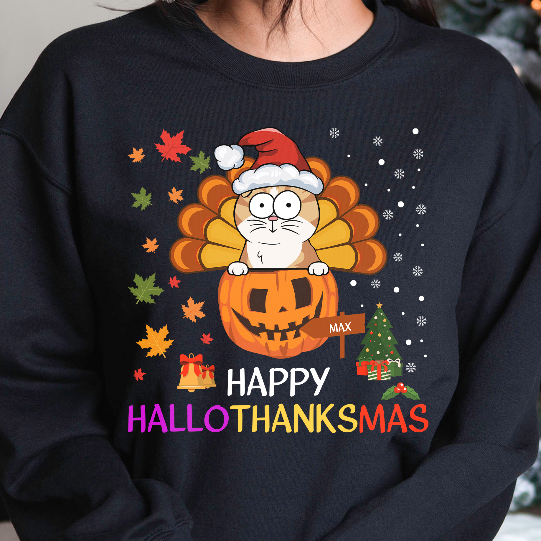 Happy Hallothanksmas With Pet Cat Dog - Personalized Sweatshirt - Image 3