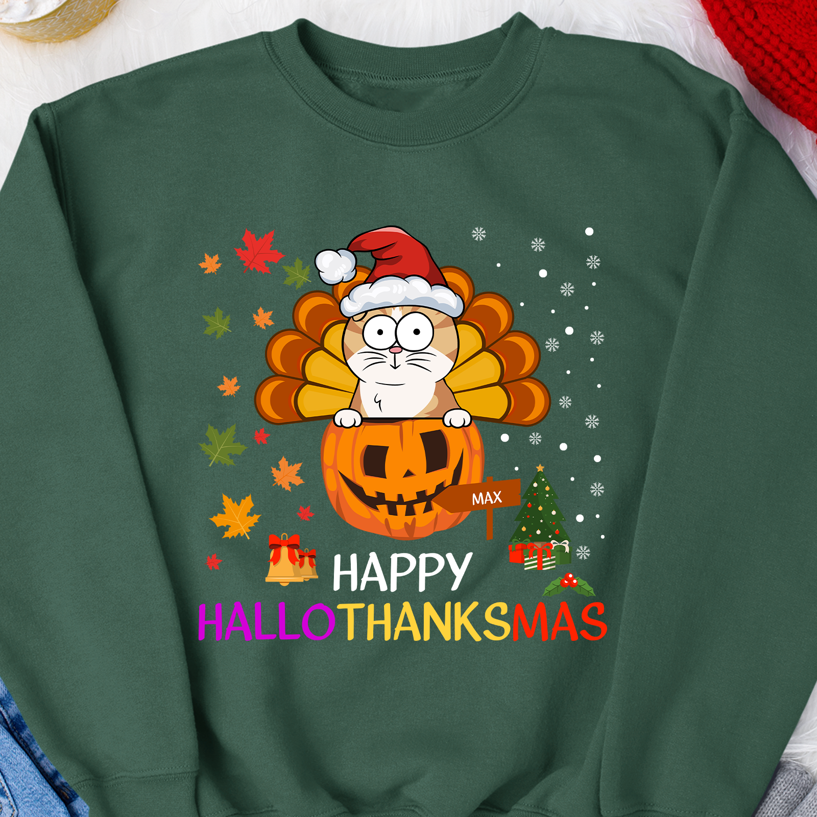 Happy Hallothanksmas With Pet Cat Dog - Personalized Sweatshirt - Image 2
