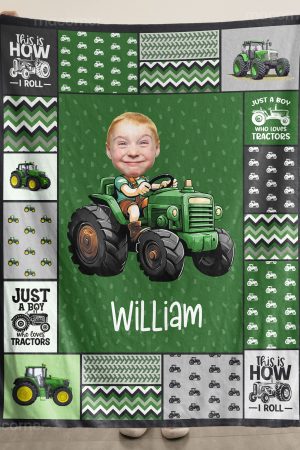 Custom Face Boy Loves Tractors - Personalized Kid Photo Blanket Big Size